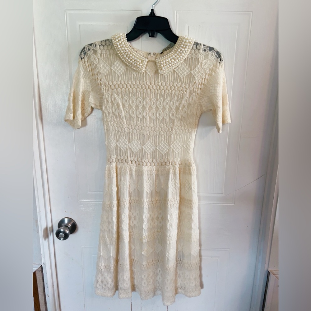 Ivory lace dress with pearl peter pan collar